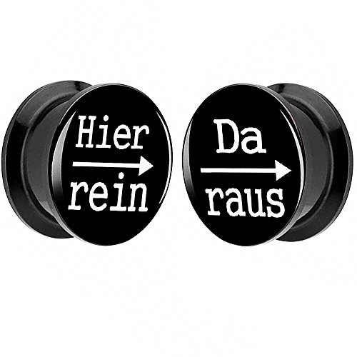 Piersando 1 Paar 2er Set Ohr Plug Piercing Kunststoff Flesh Tunnel Ohrplug mit Hier rein Da Raus Spruch Schwarz Motiv Comic Picture Schwarz 6mm von Piersando