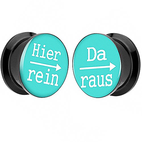 Piersando 1 Paar 2er Set Ohr Plug Piercing Kunststoff Flesh Tunnel Ohrplug mit Hier rein Da Raus Spruch Schwarz Motiv Comic Picture Türkis 14mm von Piersando