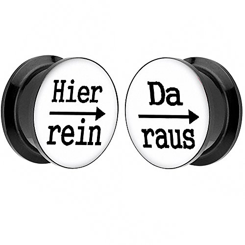 Piersando 1 Paar 2er Set Ohr Plug Piercing Kunststoff Flesh Tunnel Ohrplug mit Hier rein Da Raus Spruch Schwarz Motiv Comic Picture Weiß 12mm von Piersando