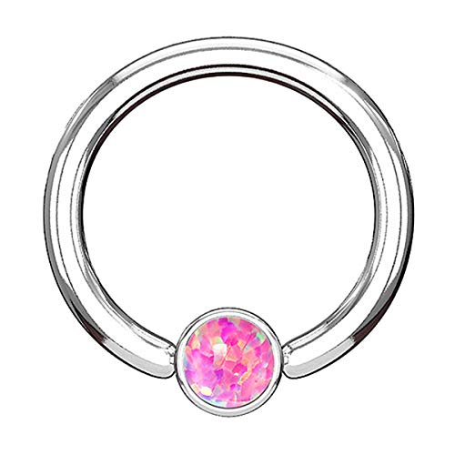 Piersando BCR Piercing Klemmring Ring Flach mit Opal Klemm Kugel Septum Nasen Lippen Helix Ohr Tragus Silber Pink 1,6mm x 10mm x 4mm von Piersando