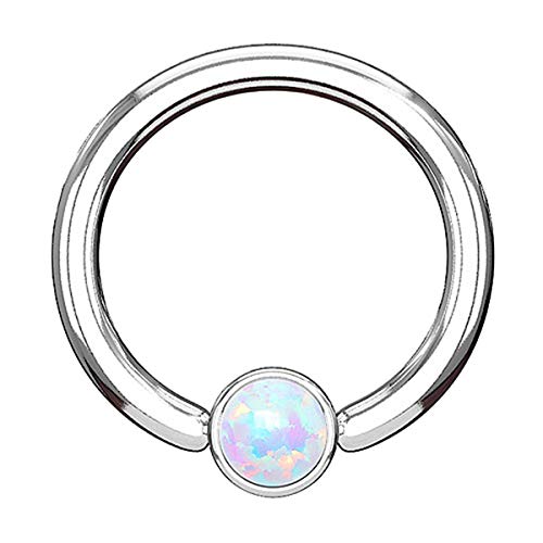 Piersando BCR Piercing Klemmring Ring Flach mit Opal Klemm Kugel Septum Nasen Lippen Helix Ohr Tragus Silber Weiß 1,6mm x 10mm x 4mm von Piersando