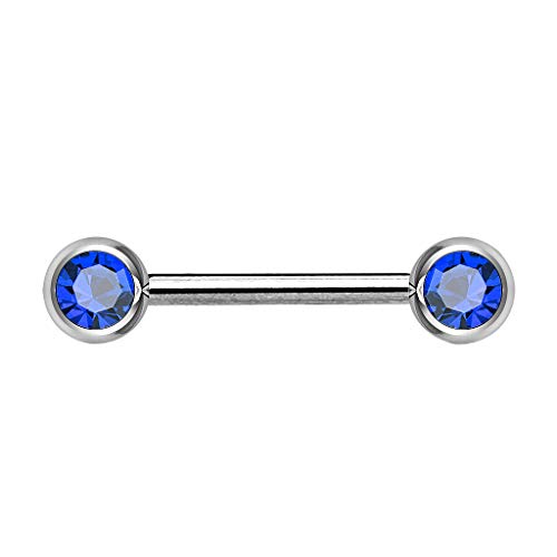 Piersando Brustwarzen Piercing Intimpiercing Nippelpiercing Brust Nippel Intim Barbell mit Hantel Doppel Front Kristall Kugel 1,6mm x 12mm x 5mm Silber Blau von Piersando