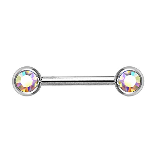 Piersando Brustwarzen Piercing Intimpiercing Nippelpiercing Brust Nippel Intim Barbell mit Hantel Doppel Front Kristall Kugel 1,6mm x 12mm x 5mm Silber Rainbow von Piersando