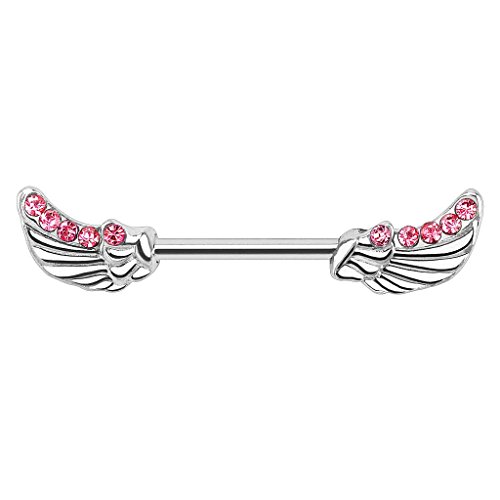 Piersando Brustwarzen Piercing Intimpiercing Nippelpiercing Brust Nippel Intim Brustwarzenpiercing Barbell Stab mit Engelsflügel Kristall 14mm Rosa von Piersando