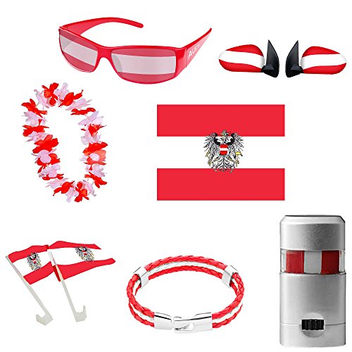 Piersando Fan Set Österreich Fussball EM & WM Länderflagge Fanartikel Land Auto Fahne Flagge Kette Schminke Brille von Piersando