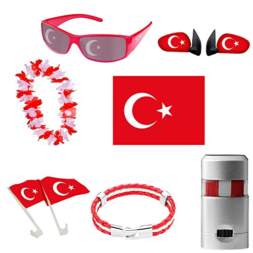 Piersando Fan Set Türkei Fussball EM & WM Länderflagge Fanartikel Land Auto Fahne Flagge Kette Schminke Brille von Piersando