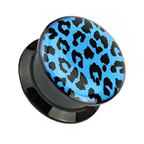 Piersando Ohr Plug Piercing Kunststoff Motiv Comic Picture Flesh Tunnel Ohrplug mit Schraub mit Leopard Animal Print Schwarz 8mm Blau von Piersando