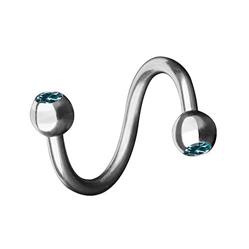 Piersando Piercing Spirale Stab Gebogen Twist Doppel Kristall Kugel für Lippen Lippe Labret Lippenpiercing Ohr Tragus Helix Ohrpiercing Silber Aqua 1,2mm x 10mm x 4mm von Piersando