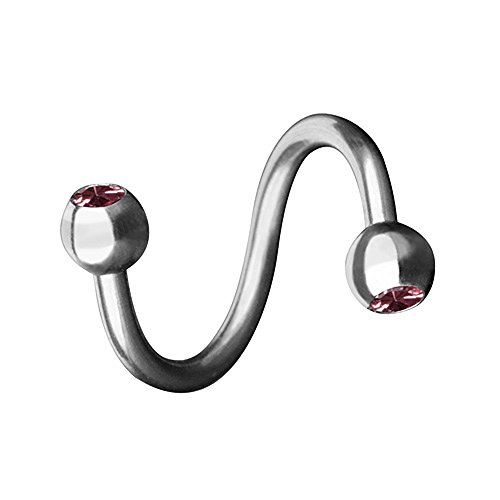 Piersando Piercing Spirale Stab Gebogen Twist Doppel Kristall Kugel für Lippen Lippe Labret Lippenpiercing Ohr Tragus Helix Ohrpiercing Silber Pink 1,2mm x 8mm x 3mm von Piersando