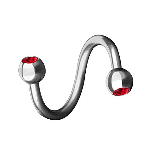 Piersando Piercing Spirale Stab Gebogen Twist Doppel Kristall Kugel für Lippen Lippe Labret Lippenpiercing Ohr Tragus Helix Ohrpiercing Silber Rot 1,2mm x 10mm x 4mm von Piersando