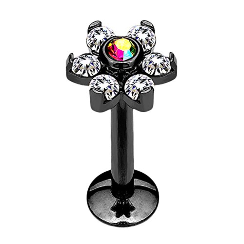 Piersando Piercing Stab Stecker Edelstahl Blume mit Kristallen Lippen Lippe Labret Lippenpiercing Ohr Tragus Ohrpiercing Helix Nase Intim Zungen Nasen 6mm Schwarz von Piersando