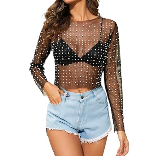 Pineeseatile Mesh Crop Top für Frauen Perlen Strass Langhülle durch schwarzes Mesh Top Sexy Slim Fit Sheer Crop Top für Club Bar Women Clothing, L, bloßes Erntepunkt von Pineeseatile