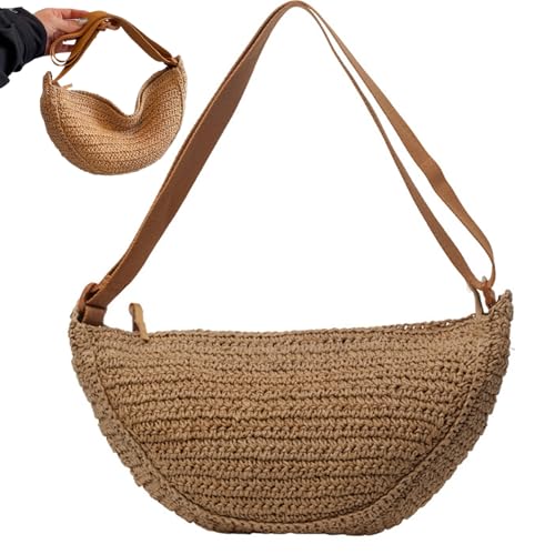 Strohkreuzkörperback Strohbag Chic Half Moon Bag 13x3,5x8.7 Schulterstrandbeutel mit verstellbarem Gurt Crossbody gewebte Taschen Sommerbeutel mit Reißverschluss für Frauen Strand Rattan Ha von Pineeseatile