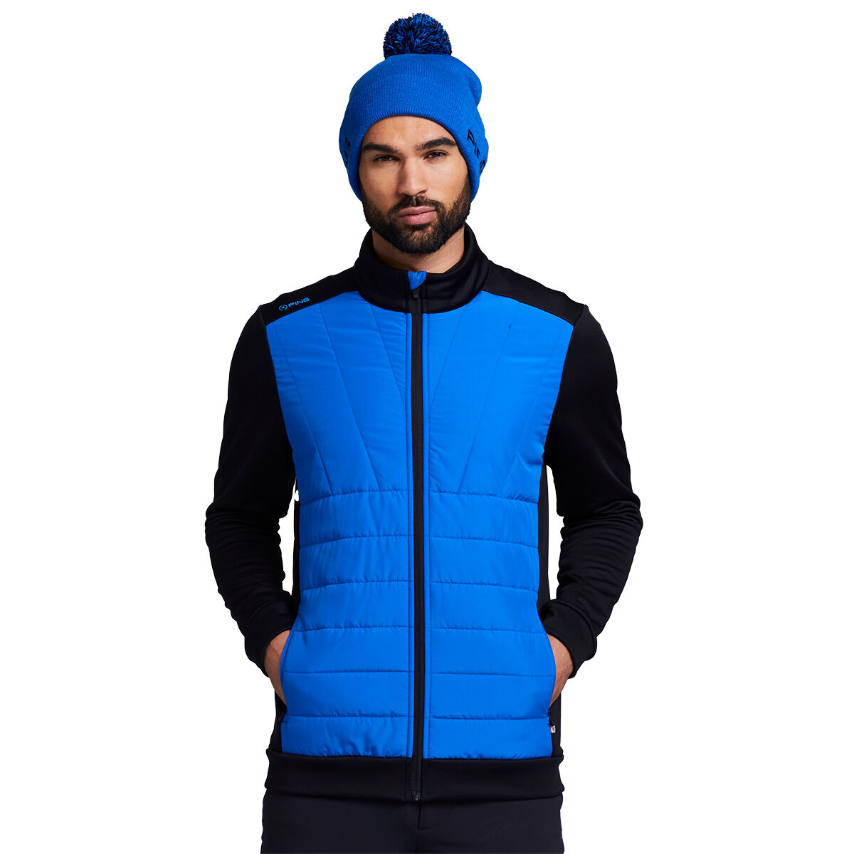 PING Men's Blue and Black Comfortable Colour Block Vernon Hybrid Golf Jacket, Size: XL | American Golf von Ping