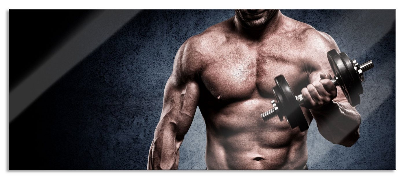 Pixxprint Glasbild Starker Bodybuilder mit Hantel, Starker Bodybuilder mit Hantel (1 St), Glasbild aus Echtglas, inkl. Aufhängungen und Abstandshalter von Pixxprint