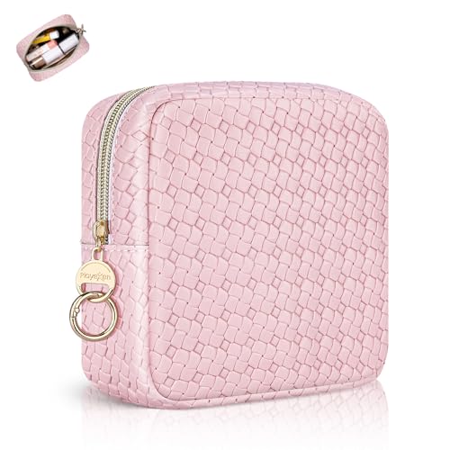 Kosmetiktasche Kleine Make up Tasche für Damen Mini Kosmetiktasche PU Leder Mini Kariert Tragbare Reise Kosmetikzubehör-Organizer Multifunktional Geldbeutel Kulturtasche für Frauen(Rosa) von Playexen