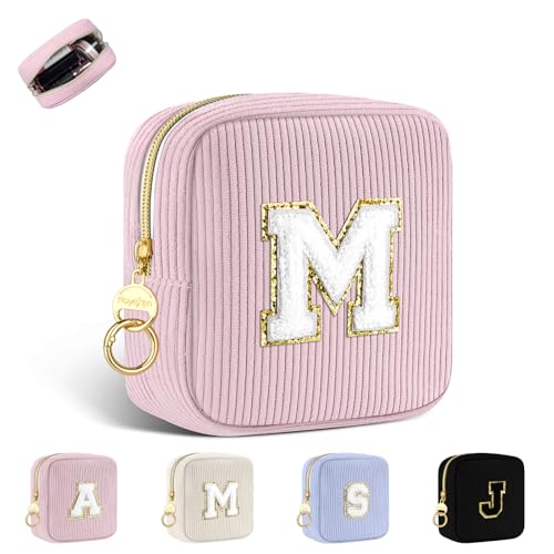 Personalisierte Kosmetiktasche Kleine Make up Tasche Cord Schminktasche Damen Tragbare Reise-Kulturbeutel für Toilettenartikel Organizer Personalisierte Initialen Geburtstag für Mädchen Rosa M von Playexen