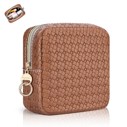 Playexen Kleine Make-up-Tasche, PU-Leder, Mini-Kosmetiktasche für Geldbörse, tragbare kleine Reise-Make-up-Tasche mit Ringschnalle, 14 cm (braun, klein kariert), Braun, Kariert von Playexen