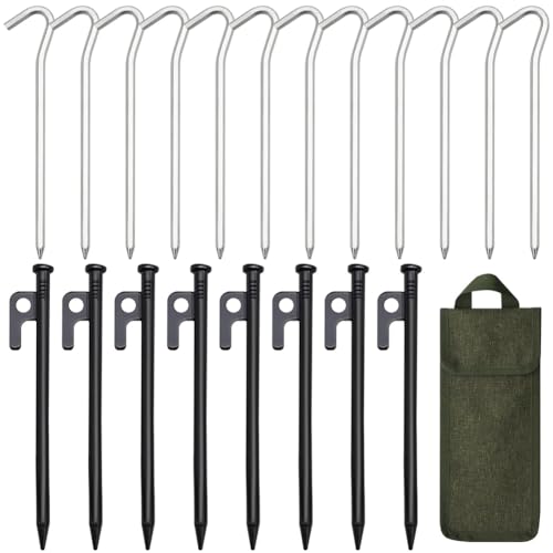 Pluuttiem 8 Stück Stahl-Zeltheringe + 12 Stück Aluminium-Zeltheringe-Set, Zeltpflöcke, Wie Abgebildet mit Aufbewahrungstasche, Zeltpfähle für Camping, Markise von Pluuttiem