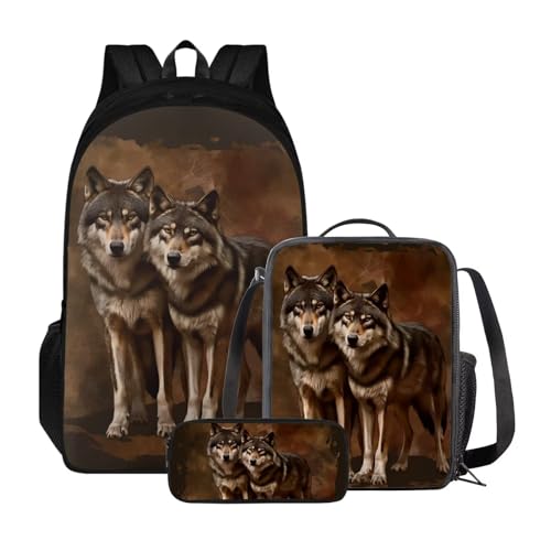 Poceacles Kinder-Rucksack-Set, 3-teilig, mit Lunchbox und multifunktionalem Federmäppchen, Schultasche, Geschenk für Mädchen und Jungen, Wolf braun von Poceacles