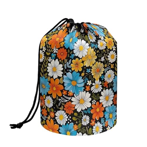 Poceacles Make-up-Tasche mit Kordelzug, tragbare Kosmetiktasche, Organizer, multifunktional, Kulturbeutel, Aufbewahrungstasche, Hippie Flower Blau Orange, Einheitsgröße von Poceacles