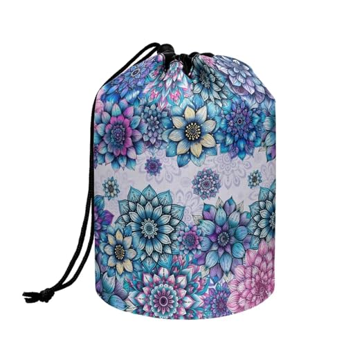 Poceacles Make-up-Tasche mit Kordelzug für Damen, große Reise-Kosmetiktasche, tragbarer Kulturbeutel, Organizer, Aufbewahrungstasche, Böhmische Blume, Blau / Violett, Einheitsgröße von Poceacles