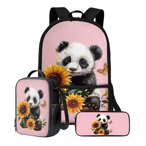 Poceacles Rucksack-Sets mit Lunchtasche, Federmäppchen, leichtes Bücherpack, 3-in-1-Set für Grundschule, Mittelschüler, Panda Sonnenblume Rosa, Einheitsgröße von Poceacles