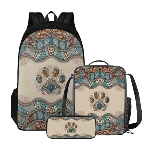 Poceacles Rucksack für 10–12 Jahre alte Schultasche für Mittelschule, leichte Schüler, Büchertasche mit Lunchtasche und Federmäppchen, Boho-Mandala-Hundepfote von Poceacles
