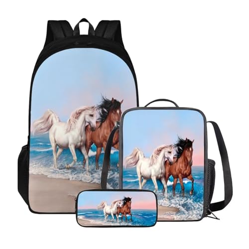 Poceacles Rucksack für 10–12 Jahre alte Schultasche für Mittelschule, leichte Schüler, Büchertasche mit Lunchtasche und Federmäppchen, Pferd Sea Wave von Poceacles