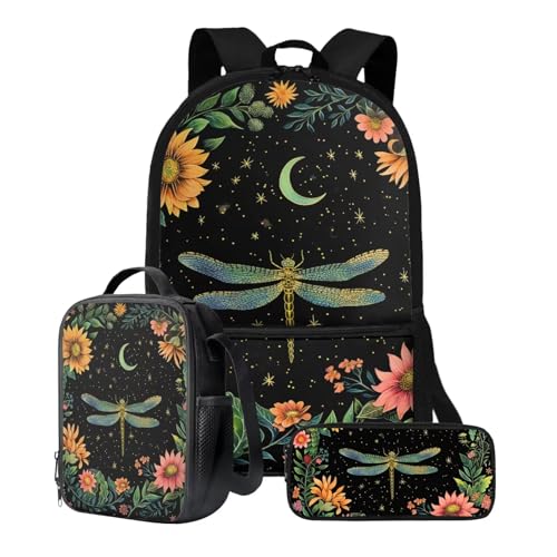 Poceacles Rucksack mit Lunchbox, Federmäppchen, 3-teilig, Schüler-Büchertasche, 43,2 cm, Schultertasche für Kinder, 1–6. Klasse, Libellen-Blumenmuster, Einheitsgröße von Poceacles