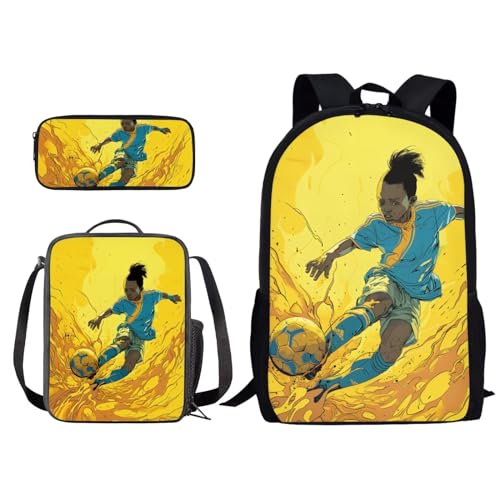 Poceacles Schulbüchertaschen-Set mit Lunch-Tragetaschen und Federmäppchen, 3 Stück, für Kinder, Schultaschen, Büchertasche, Rucksack für die Schule, Fußball-Gelb, Einheitsgröße von Poceacles