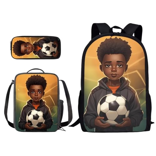 Poceacles Schulrucksack-Set für Kinder, Teenager, große Kapazität, Büchertasche mit Lunchtasche, Federmäppchen für Grundschule und Mittelschule, African Boy Football, Einheitsgröße von Poceacles