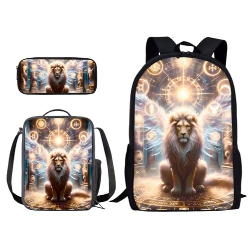 Poceacles Schulrucksack für Teenager, Grundschulstudenten, Schultaschen mit Lunchbox und Federmäppchen, 3 Stück, Leuchtender Löwe, Einheitsgröße von Poceacles