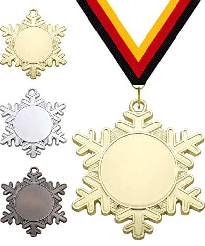 Medaille Schneeflocke Ø 50 mm, mit individuellem Wunschtext in Gold, Silber & Bronze Farbe | Alu-Emblem + Medaillenband | Für Weihnachten, Winter, Wintersport, Kindergeburtstage etc. von Pokalmatador GmbH