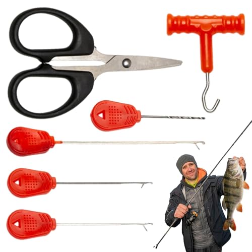 Pokronc Karpfenangeln Baiting Rigs Tool Kit,Baiting Rig Tool Set | Köderknotenzieher - Köder-Rig-Werkzeug, einschließlich Hakennadel, Bohrer, Knotenzieher und Schere, Angel-Rigging-Nadel für Köder von Pokronc