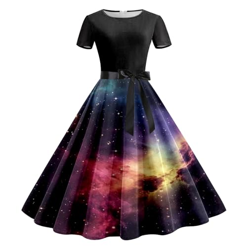 Poo4kark Galaxy Damen Sommerkleid, lässig, Rundhalsausschnitt, kurzärmelig, Abnehmbarer Gürtel, Galaxy-Print, lässiges Kleid (Gold-4, XXL) von Poo4kark