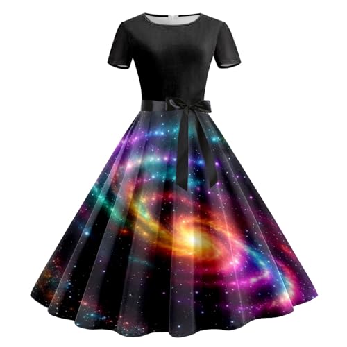 Poo4kark Galaxy Damen Sommerkleid, lässig, Rundhalsausschnitt, kurzärmelig, Abnehmbarer Gürtel, Galaxy-Print, lässiges Kleid (Yellow-5, S) von Poo4kark