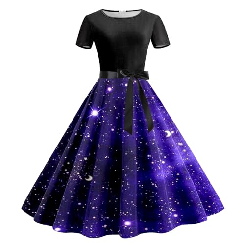 Poo4kark Galaxy Damen Sommerkleid, lässig, Rundhalsausschnitt, kurzärmelig, Abnehmbarer Gürtel, Oktoberfest-Print, lässiges Kleid (Dark Purple-1, M) von Poo4kark