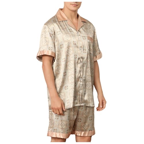 Poo4kark Karneval Herren Sommer Druck Kurzarm Shorts Pyjamas Herren Sommer Seide Homewear Herren (Khaki-c, L) von Poo4kark