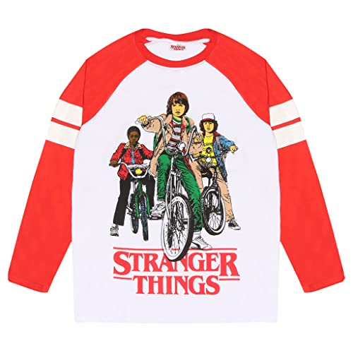 Popgear Stranger Things Mike, Dustin und Lucas Langarm Raglan, Adultes, S-5XL, Weiß Rot, Offizielle Handelsware von Popgear