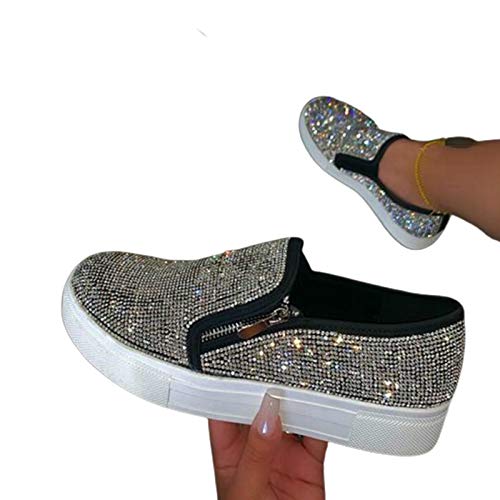 Damenschuhe, Stilvolle Damen Slip On Shiny Strass Zipper Platform Schuhe Low-Cut-Sneakers Schwarz 39 von Porfeet