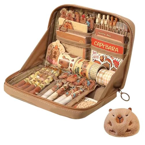 Porgeel Capybara Pencil Case 12 Kompartimente Brown Canvas & PVC Kawaii Bleistiftkoffer mit glattem Reißverschluss & Capybara Puppe niedliche Bleistiftkoffer von Porgeel