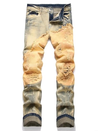 Portakmer Jeans Herren Hose Jeanshose Neue Gelbe Jeans Gerades Bein Mid-Waist Hose Männer 30 Gelb von Portakmer