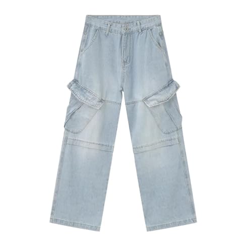 Portakmer Jeans Herren Hose Jeanshose Neue Herren Jeans Multi-Pocket Waschen Denim Hosen Gerade Breite Bein Männlichen Hosen Asiatische Größe M Hellblau von Portakmer