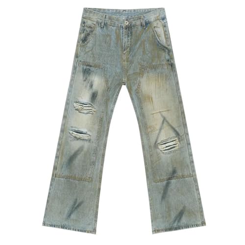 Portakmer Jeans Herren Hose Jeanshose Neue Herren Jeanshose Mit Kontrastfarbe, Gerades Weites Bein, XL, Blau von Portakmer