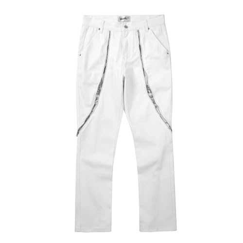 Portakmer Jeans Herren Hose Jeanshose Neue Zipper Jeans Für Männer Gerade Schwarz Weiß Denim Hose Asianm Weiss von Portakmer