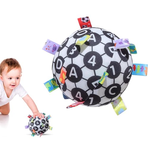 Povanjer Weiches sensorisches Ballspielzeug, Plüsch-Sensorball - Interaktiver Ball zur sensorischen Entwicklung mit Rassel - Hochkontrastierende Farben, Feinmotorik-Spielzeug, Ribbon-Tag-Ball für von Povanjer