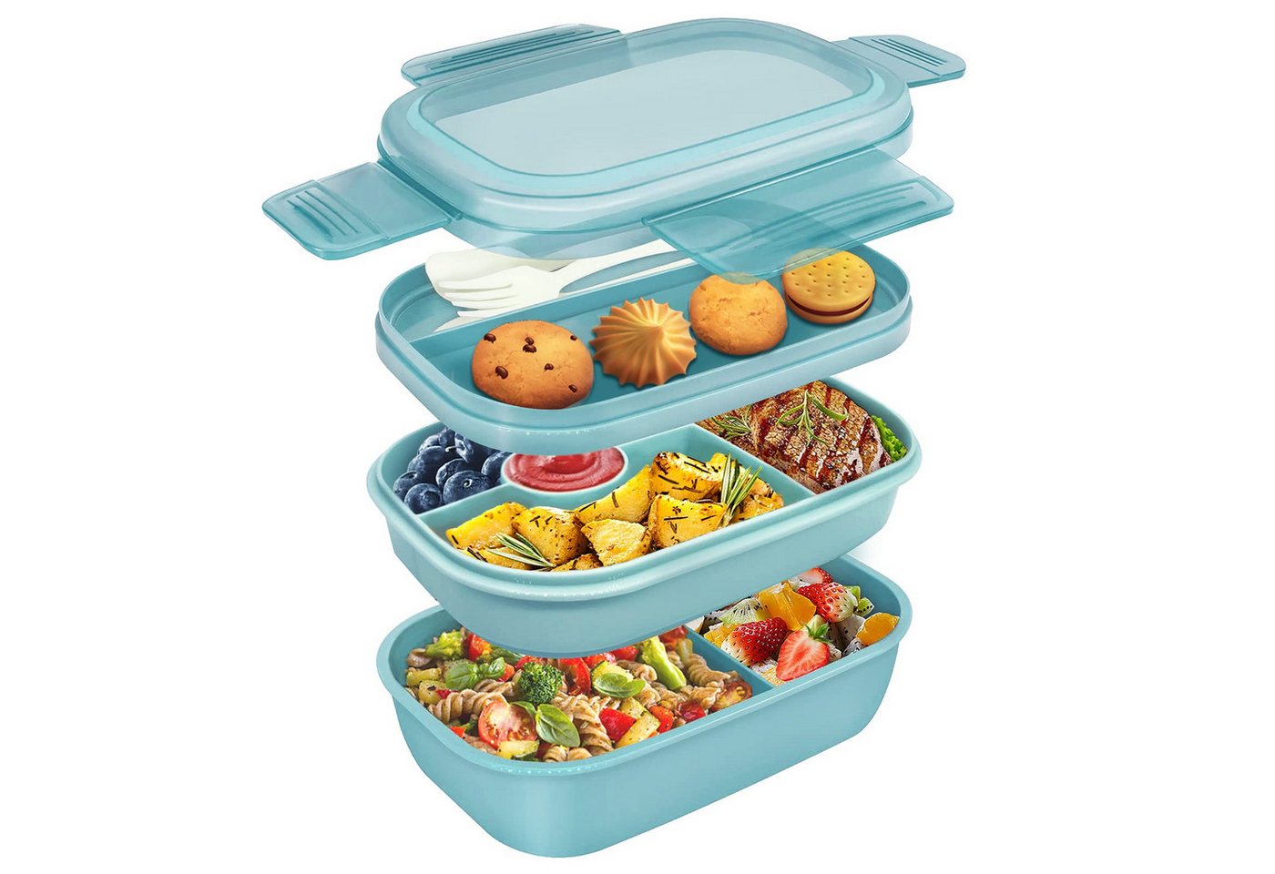 Powerwill Lunchbox Lunchbox Brotdose mit Fächern Obstversiegelungsbox Salatbox Lunchbox, (1900ML, with Cutlery 1 x Löffel, 1 x Gabel, 1 x Messer), Kinder/Erwachsene Bento Box 3 Schichten Reisen Brotzeitbox mit Besteck von Powerwill