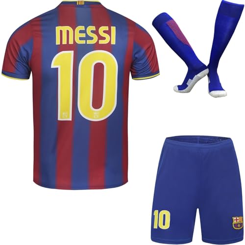 PraiseLight Barcelona Limitierte Messi #10 Heim Fußball Kinder Trikot Auflage Shorts Socken Set Nostalgie Jugendgrößen (Blau/Rot,30) von PraiseLight