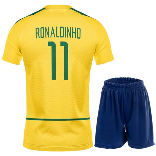 PraiseLight Brasilien Limitierte Ronaldinho Heim Fußball Kinder Trikot Auflage Shorts Set Nostalgie Jugendgrößen (Gelb 11, 164 (10-11 Jahre)) von PraiseLight
